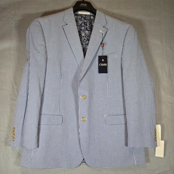Chaps NWT Men's Blue & White Check Gingham 46R Jacket Cotton - Picture 2 of 9